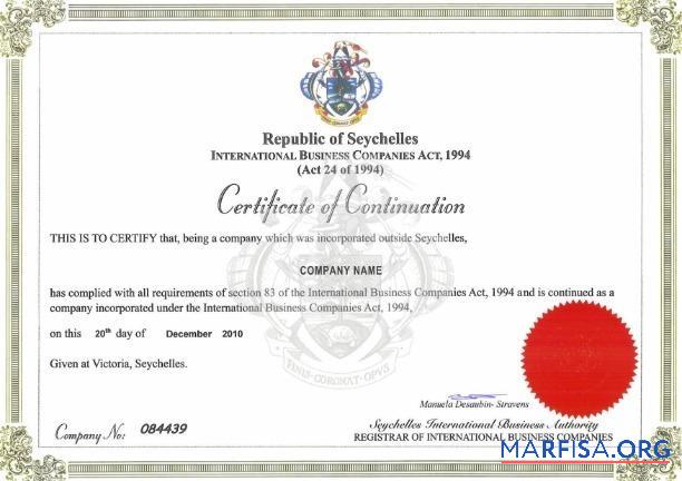 Realistic Seychelles Certificate of Continuation example